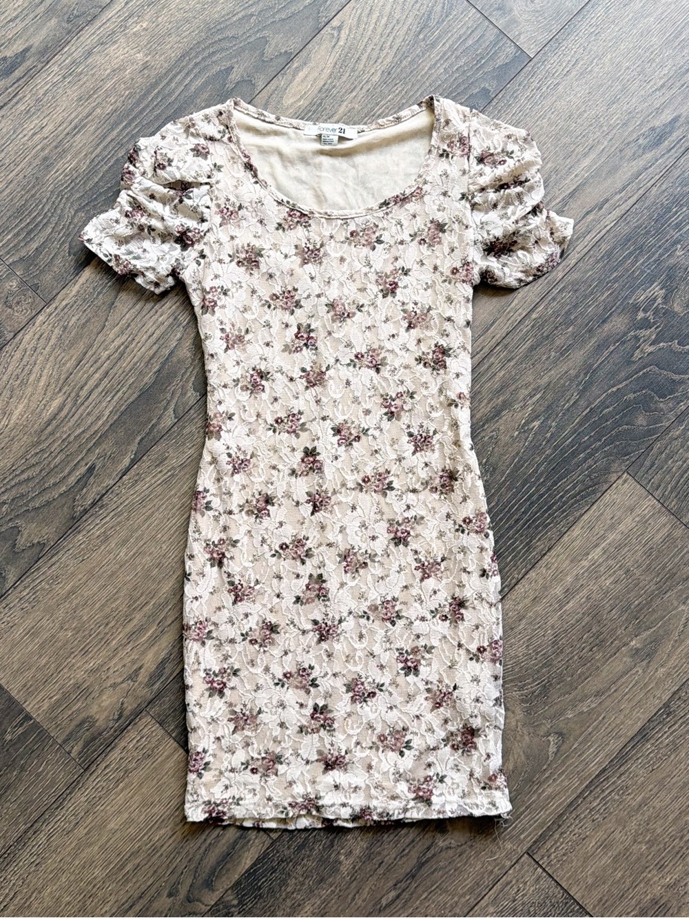 Forever 21 Women’s Medium Floral Lace Bodycon Mini Dress Puff Sleeve USA Vintage
